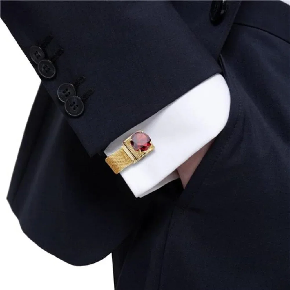 Men's Birthstone Gold Tone Cufflinks with Chain Shirt